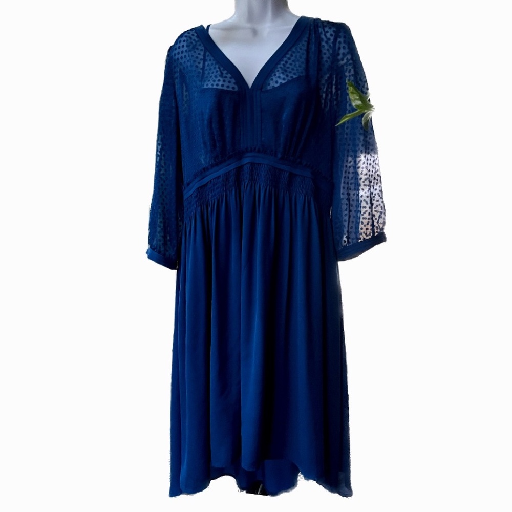 HD In Paris Women's Anthropologie 3/4 Sleeve High Low Midi Dress 10 Teal Blue